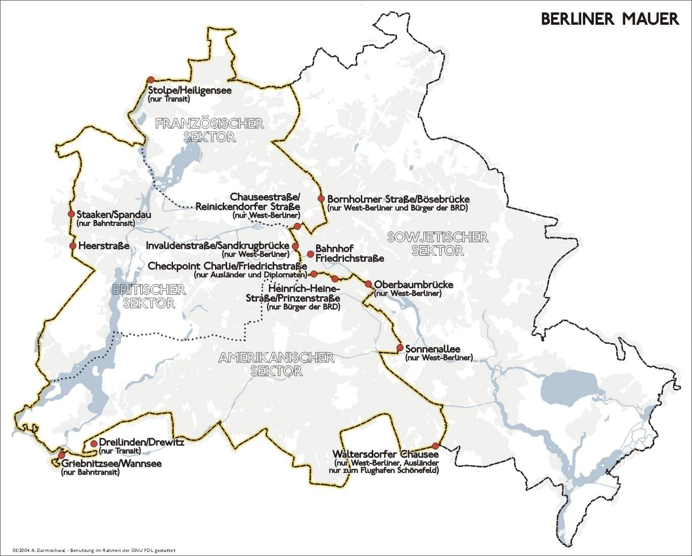 Divided Berlin with the Berlin Wall around West Berlin and featured border crossings