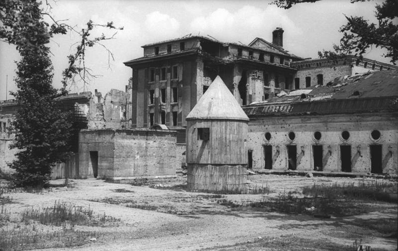 The remains of the back garden of Hitler's Chancellery - with the Führerbunker beneath (1945) - Public Domain