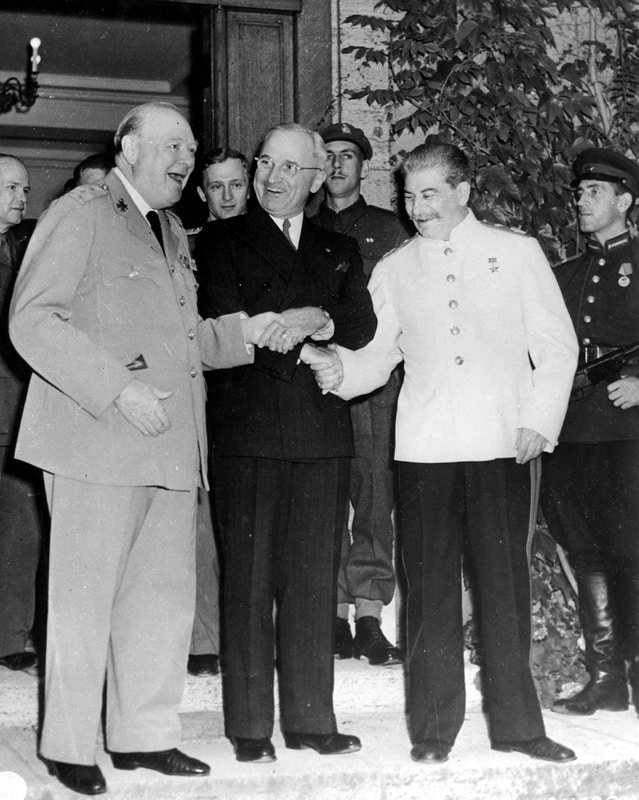 The Potsdam Conference - July 23rd 1945 - The 'Triple Handshake' - Truman, Stalin, and Churchill in a jovial mood