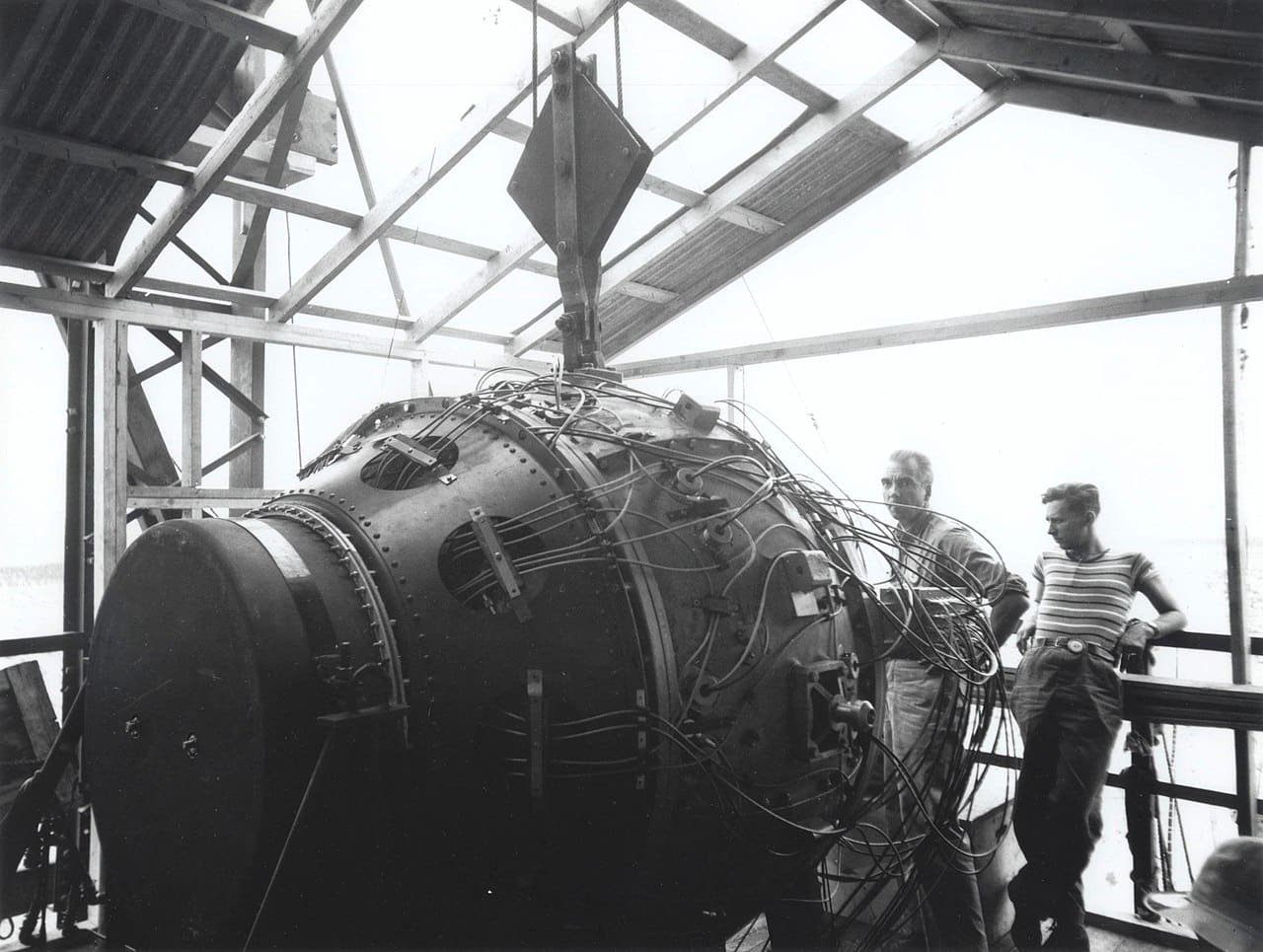 The Potsdam Conference - July 21st 1945 - The 'gadget' device in the Trinity Test Site tower awaiting detonation (pictured on July 15th 1945, one day before its successful use)/Image: Los Alamos National Laboratory