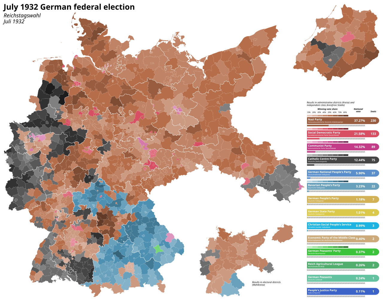 Results of the July 1932 German federal election by administrative district (Kreis), indicating the vote strength of the most popular party - credit:Erinthecute(Wikipedia)