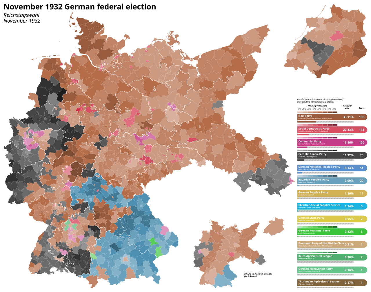 Results of the November 1932 German federal election by administrative district (Kreis), indicating the vote strength of the most popular party - credit:Erinthecute(Wikipedia)