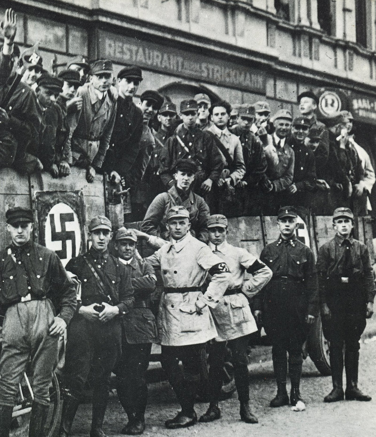 A large group of uniformed members of the Sturmabteilung (SA, brownshirts), the paramilitary wing of the Nazi party (late 1920s)