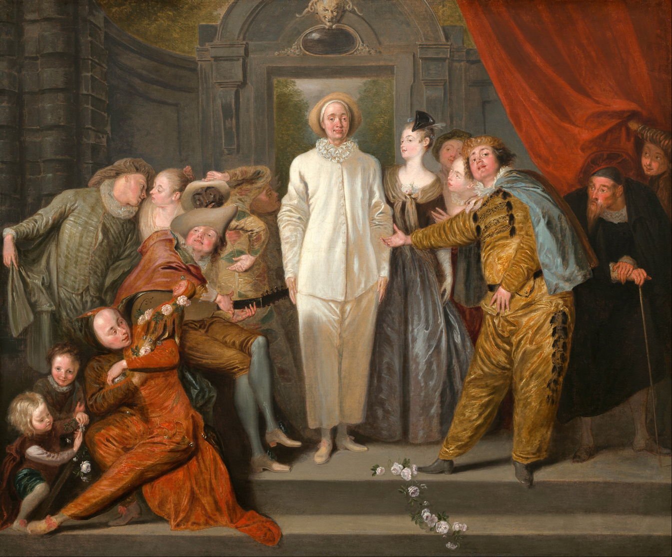 French artist, Antoine Watteau (1684–1721), The Italian Comedians (c 1720) - one of the first prominent popular of Prussian Blue