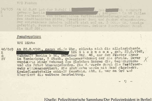 Berlin police report of Ida Siekmann's death