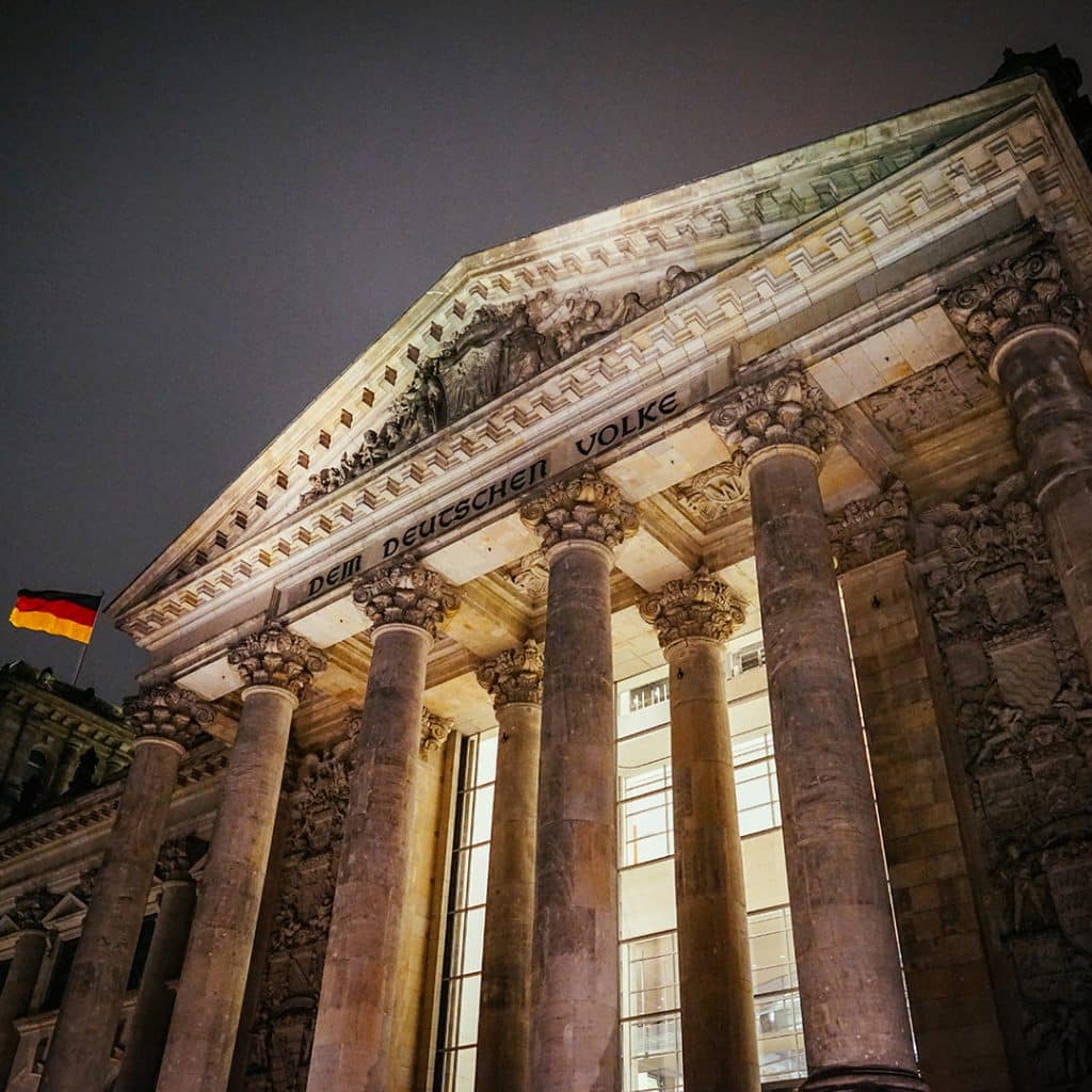 The Entrance To The Reichstag Building At Night
