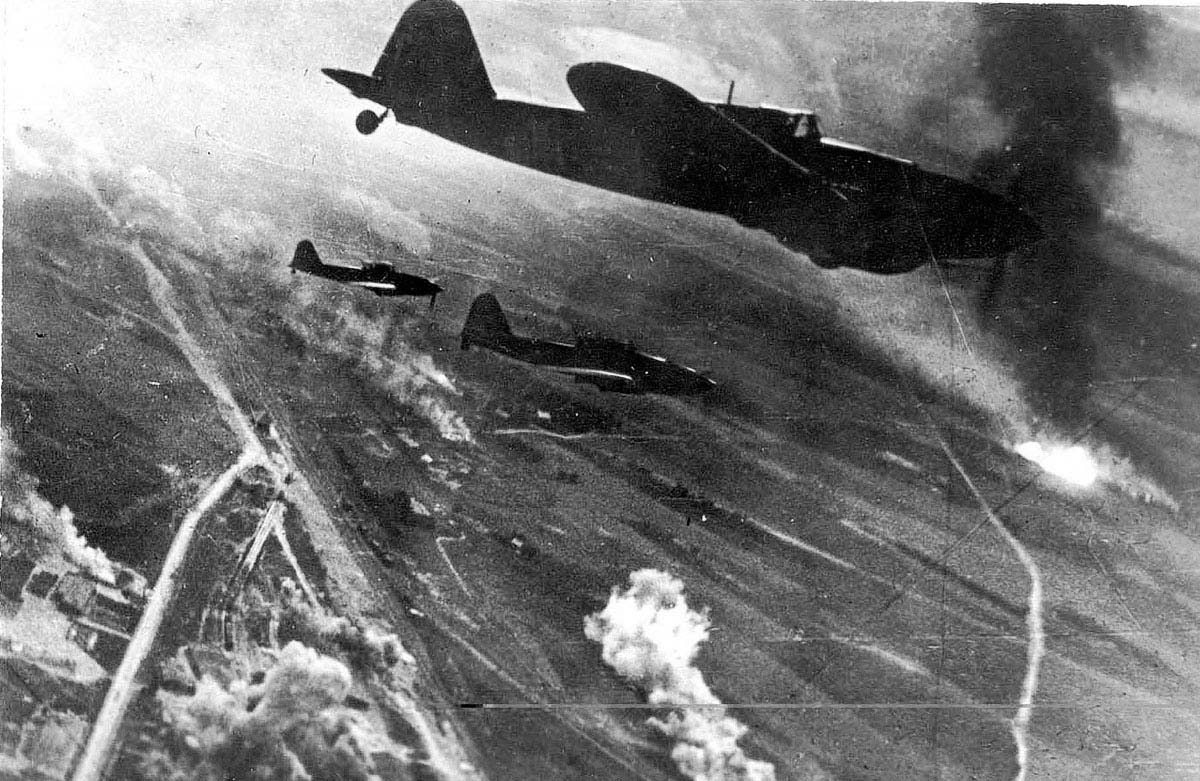 Shturmovik air to ground attack aircraft attacking the retreating forces in the Battle of Berlin