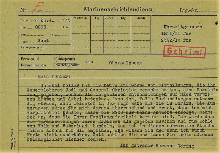 Hermann Göring's telegram to Hitler April 23rd 1945