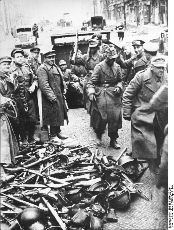 The remaining German defenders on Friedrichstrasse surrender following bitter street fighting in Berlin-Mitte