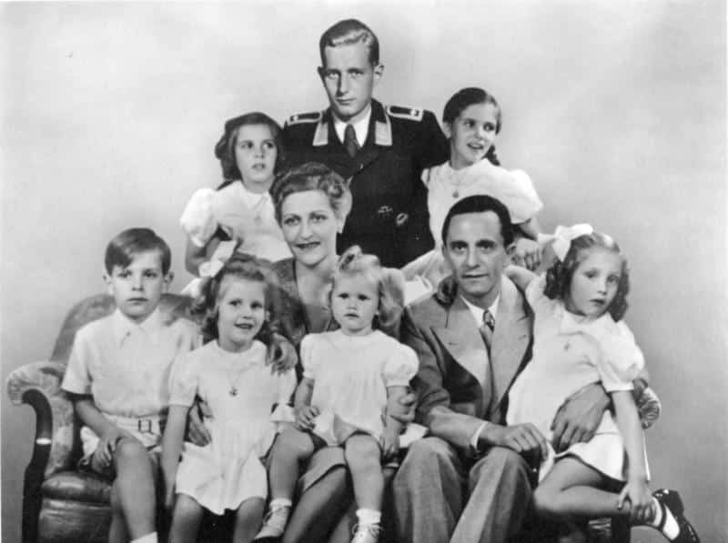 Goebbels Family portrait: in the centre are Magda Goebbels and Joseph Goebbels, with their six children Helga, Hildegard, Helmut, Hedwig, Holdine and Heidrun. Behind is Harald Quandt in the uniform of a Flight Sergeant of the Air Force