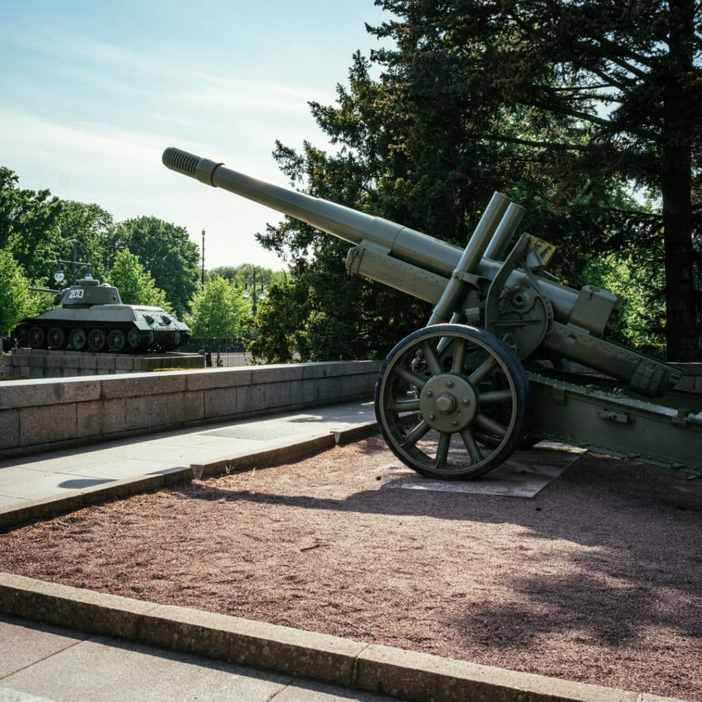 Artillery positioned at the Soviet War Memorial in the Tiergarten