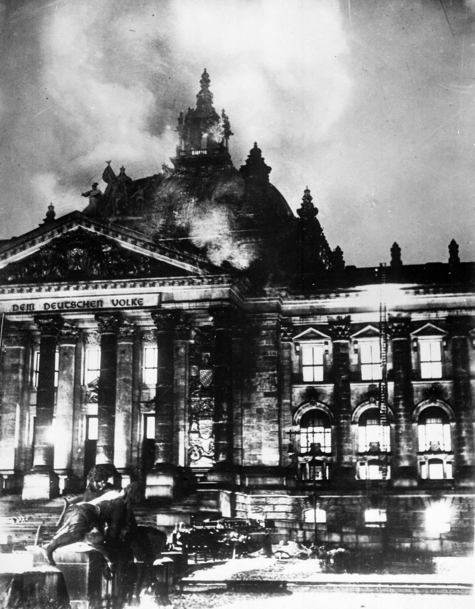 View of the Reichstag on fire from outside, February 27th 1933