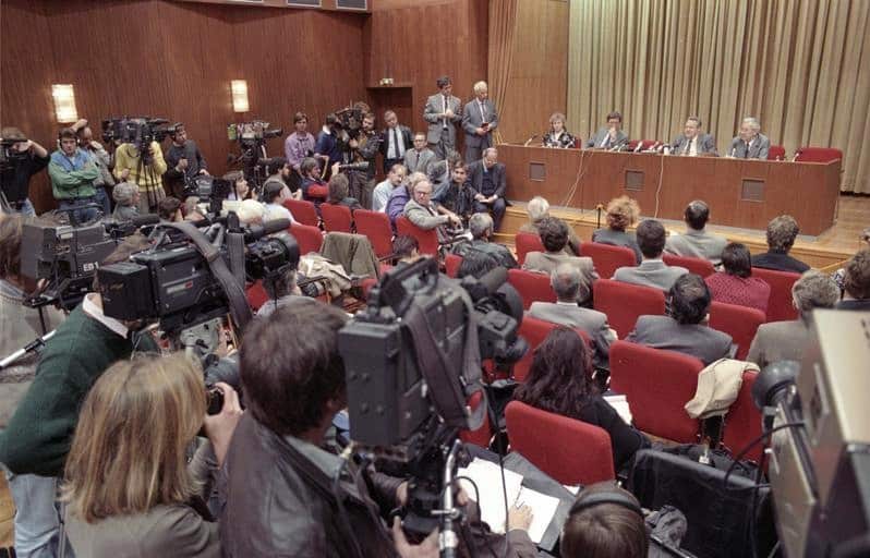 The press conference on November 9th 1989 with Günter Schabowski (sat 2nd from right)
