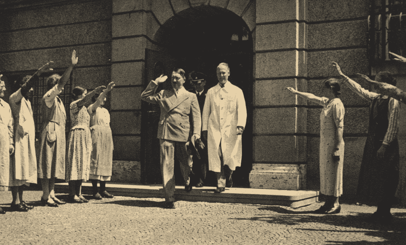 Adolf Hitler leaving an orthopedic clinic in Munich in 1937
