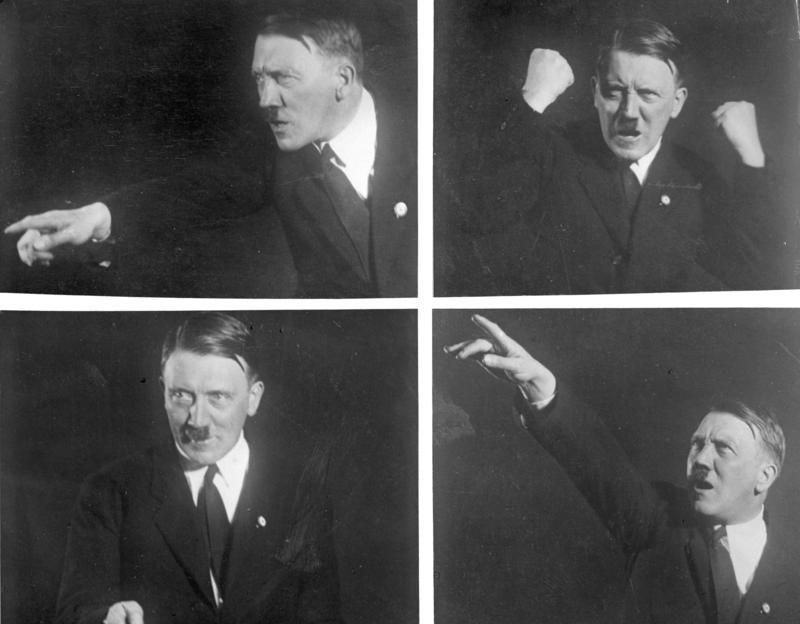 Adolf Hitler practices his trademark oratory skills