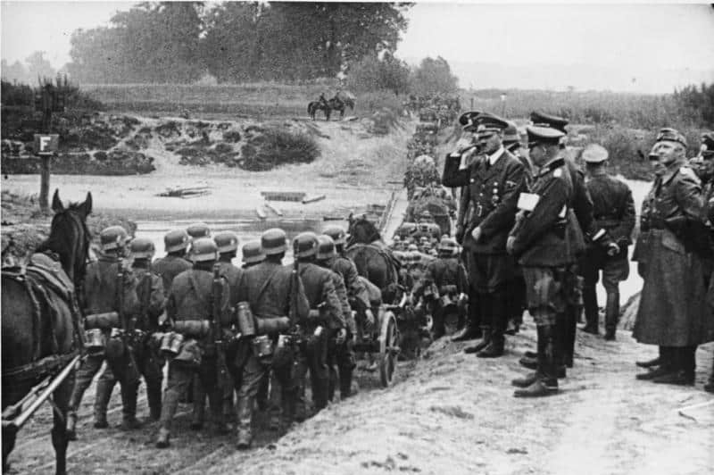 German soldiers march into Poland in September 1939 - as depicted in the Nazi movie "Feldzug in Polen"