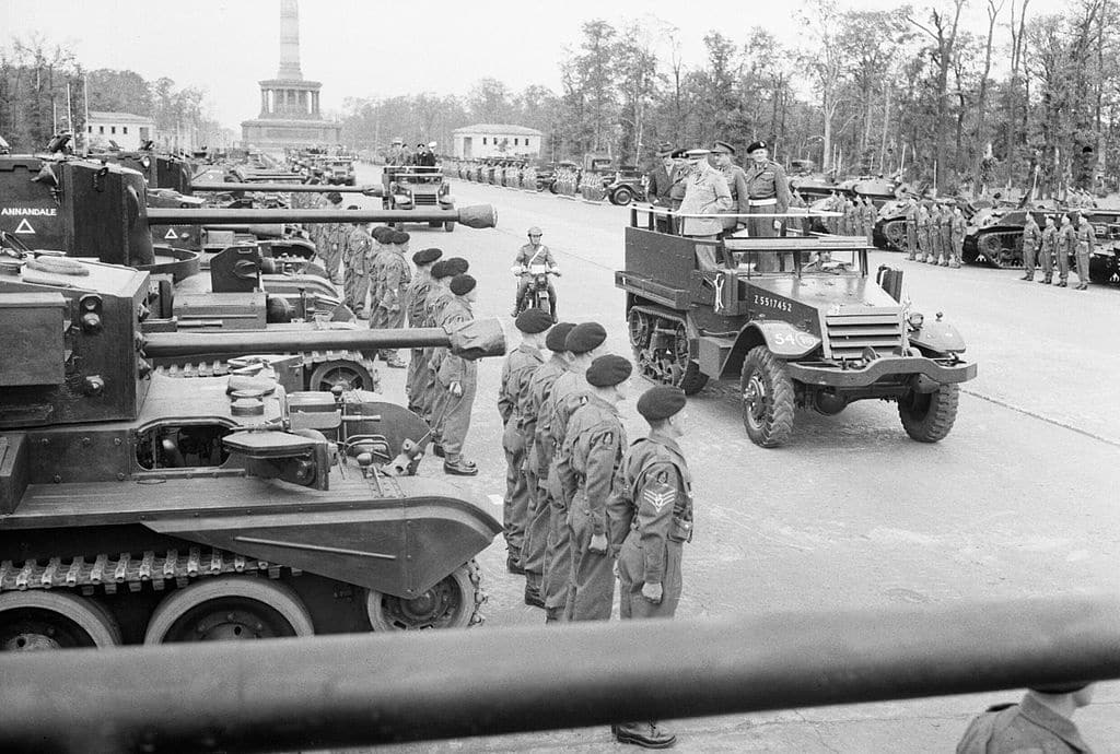 The Potsdam Conference - July 22nd 1945 - Winston Churchill, accompanied by Field Marshal Sir Bernard Montgomery and Field Marshal Sir Alan Brooke, inspects tanks of 7th Armoured Division