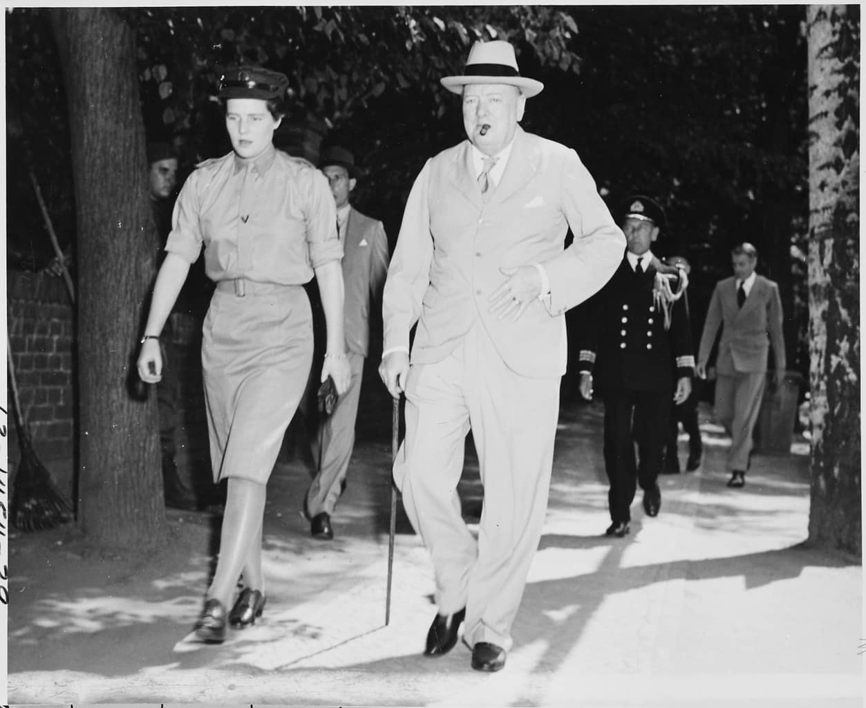 The Potsdam Conference - July 16th 1945 - Prime Minister Winston Churchill of Great Britain, accompanied by his daughter, Mary Churchill, leaves the "Little White House"
