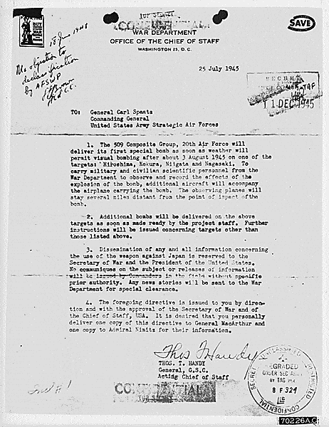 The Potsdam Conference - July 25th 1945 - The order to 'drop the bomb' sent to General Spaatz on July 25th 1945