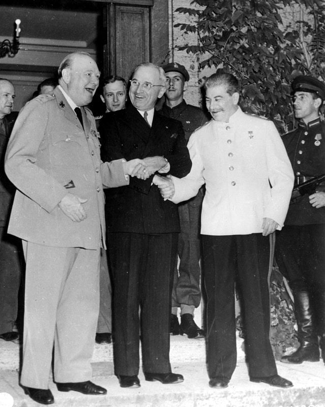 The Potsdam Conference - July 23rd 1945 - The 'Triple Handshake' - Truman, Stalin, and Churchill in a jovial mood