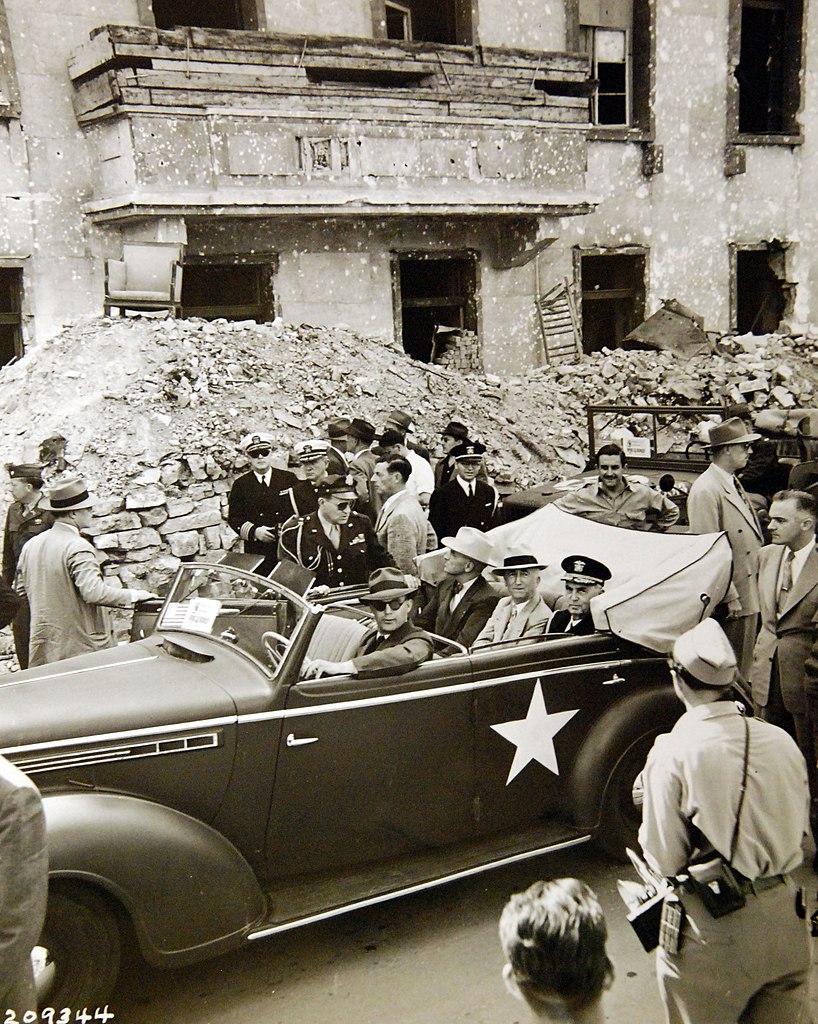 The Potsdam Conference - July 16th 1945 - Truman Tours Berlin (pictured in front of the ruins of Hitler's Chancellery)