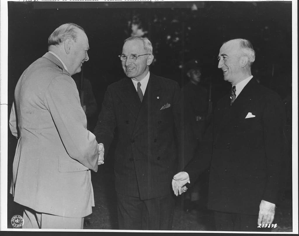 The Potsdam Conference - July 23rd 1945 - Winston Churchill greets Truman and US Foreign Minister Byrnes