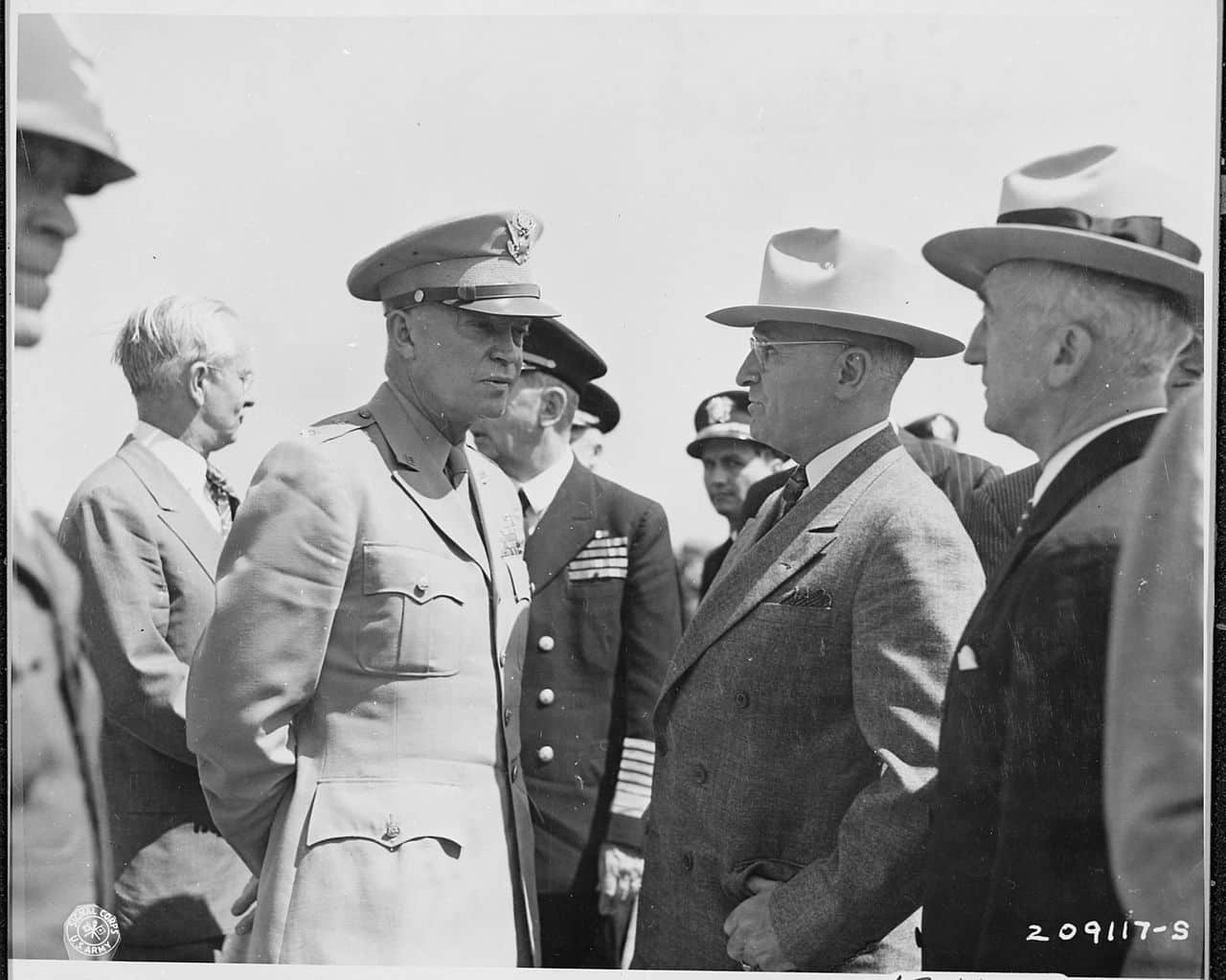 The Potsdam Conference - July 16th 1945 - Eisenhower chats with President Harry S. Truman at an airfield in Brussels, Belgium where the President is waiting to fly to Berlin