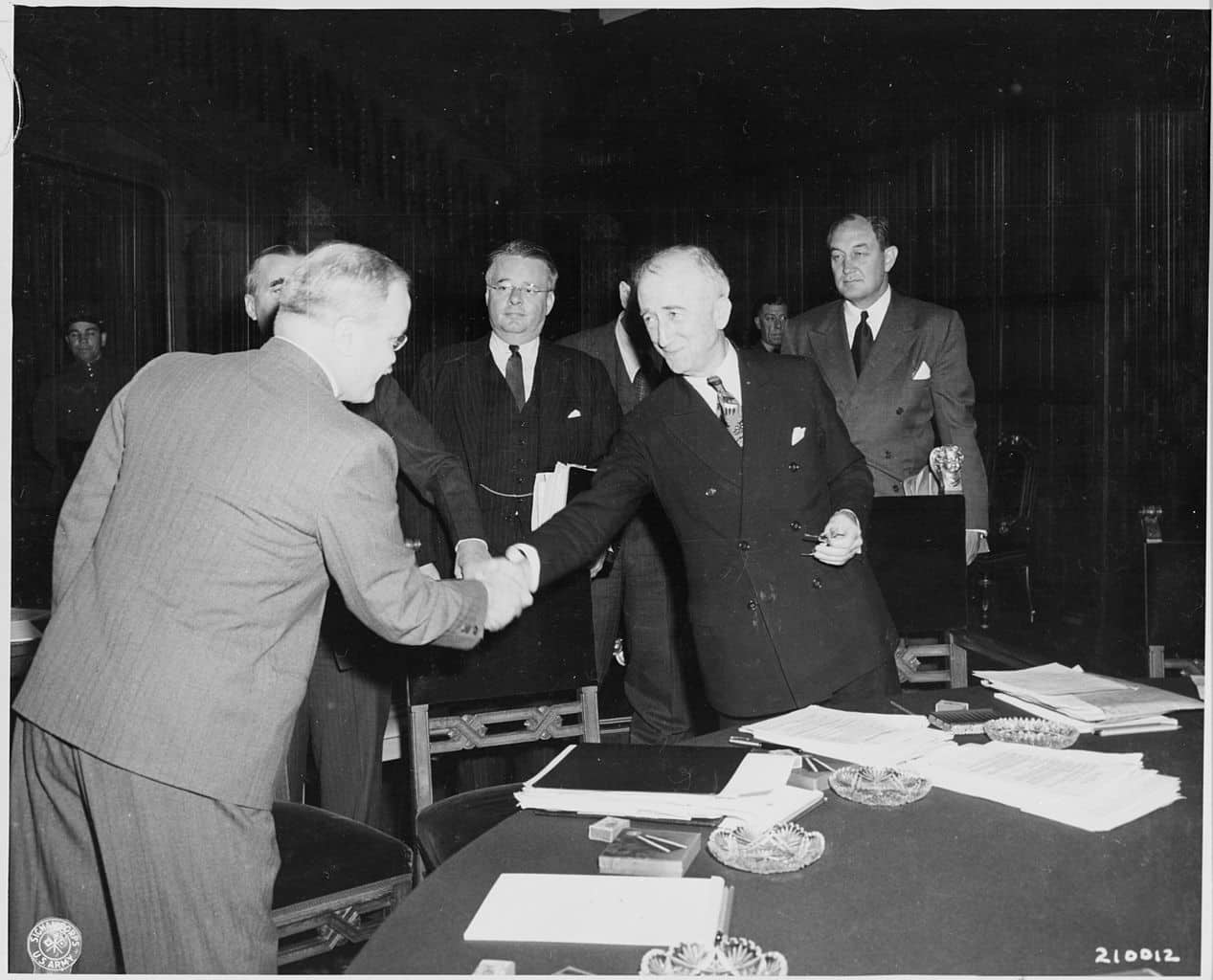 The Potsdam Conference - July 27th 1945 - Soviet foreign minister Vyacheslav Molotov, left, shakes hands with Secretary of State James Byrnes before the commencement of a session of the Potsdam Conference
