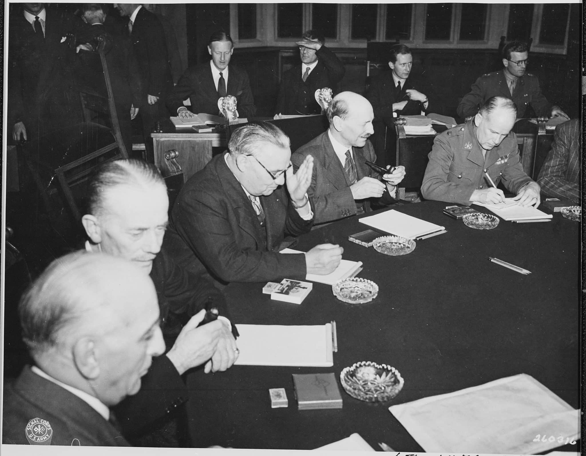The Potsdam Conference - July 31st 1945 - Ernest Bevin, Minister of Foreign Affairs, and UK Prime Minister Clement Attlee at a Potsdam plenary session