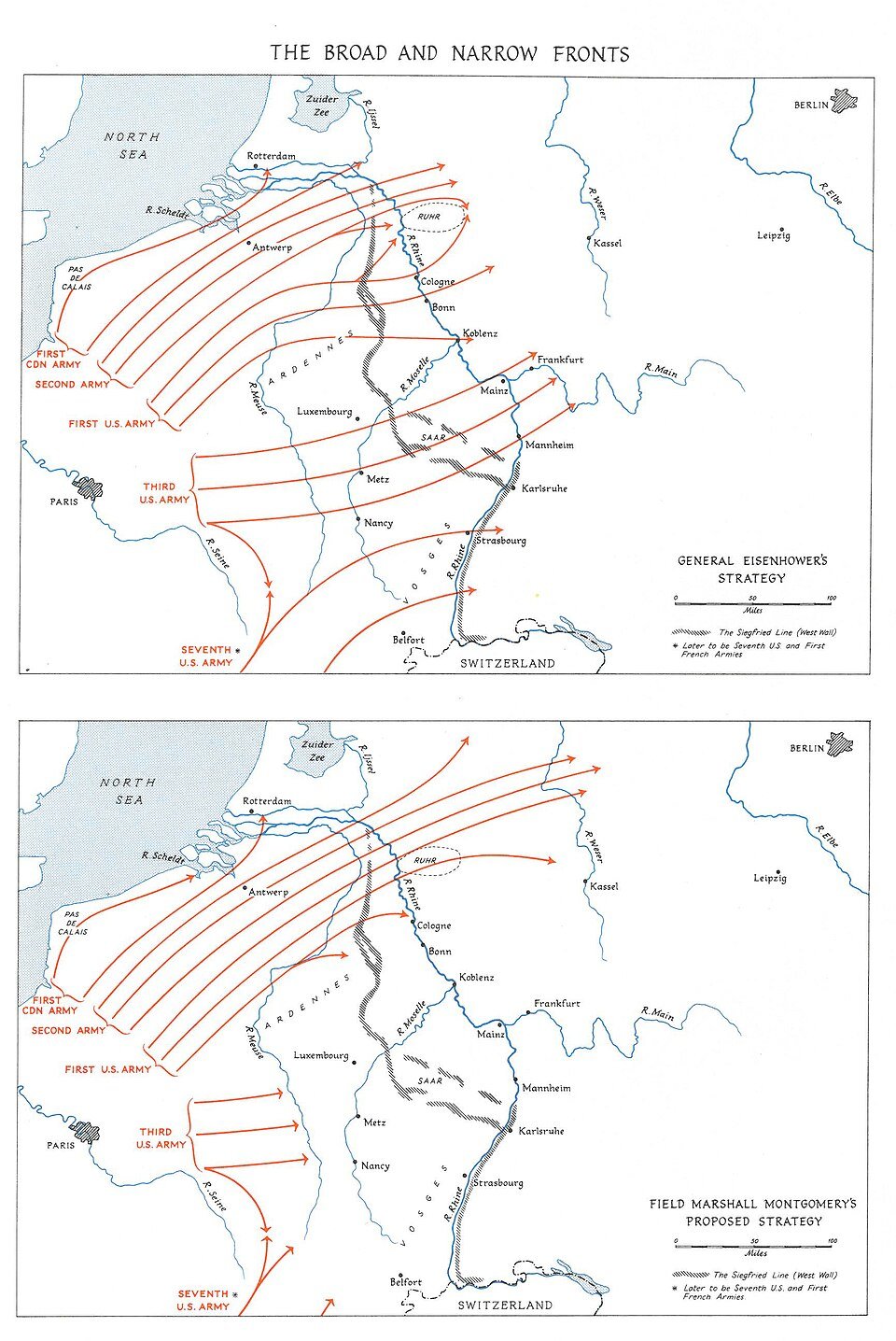 The so-called Broad Front and Narrow Front proposals for the advance of the Western Allies in 1945 - Public Domain