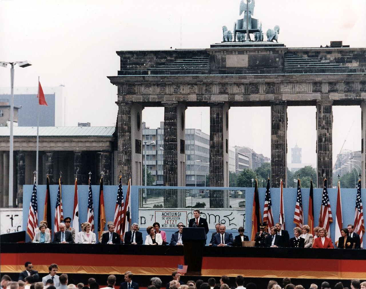 U.S. President Reagan giving a speech at the Brandenburg Gate for Berlin's 750th anniversary - Public Domain