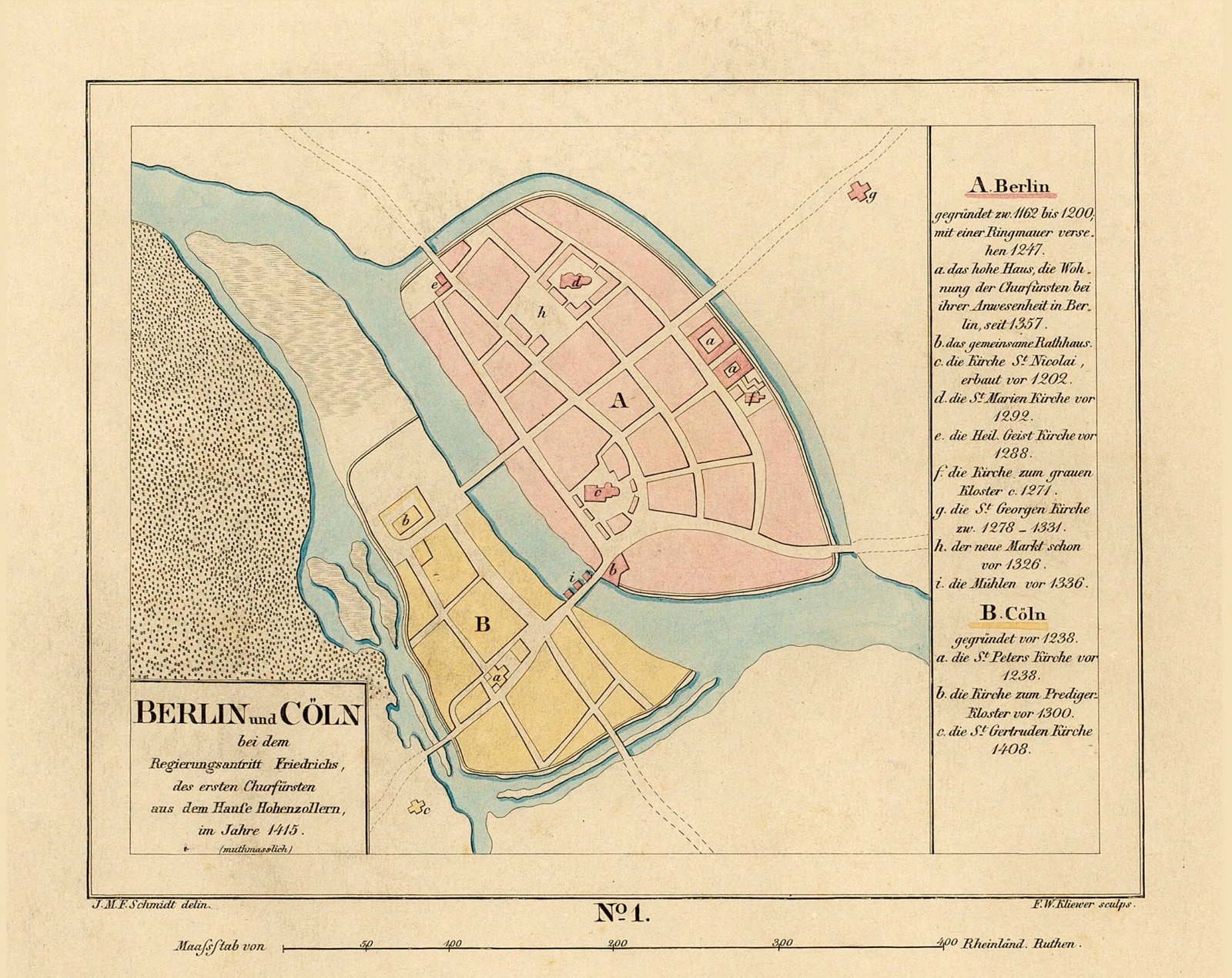 A map from 1835 depicting Berlin and Old Cölln in 1415 - Public Domain