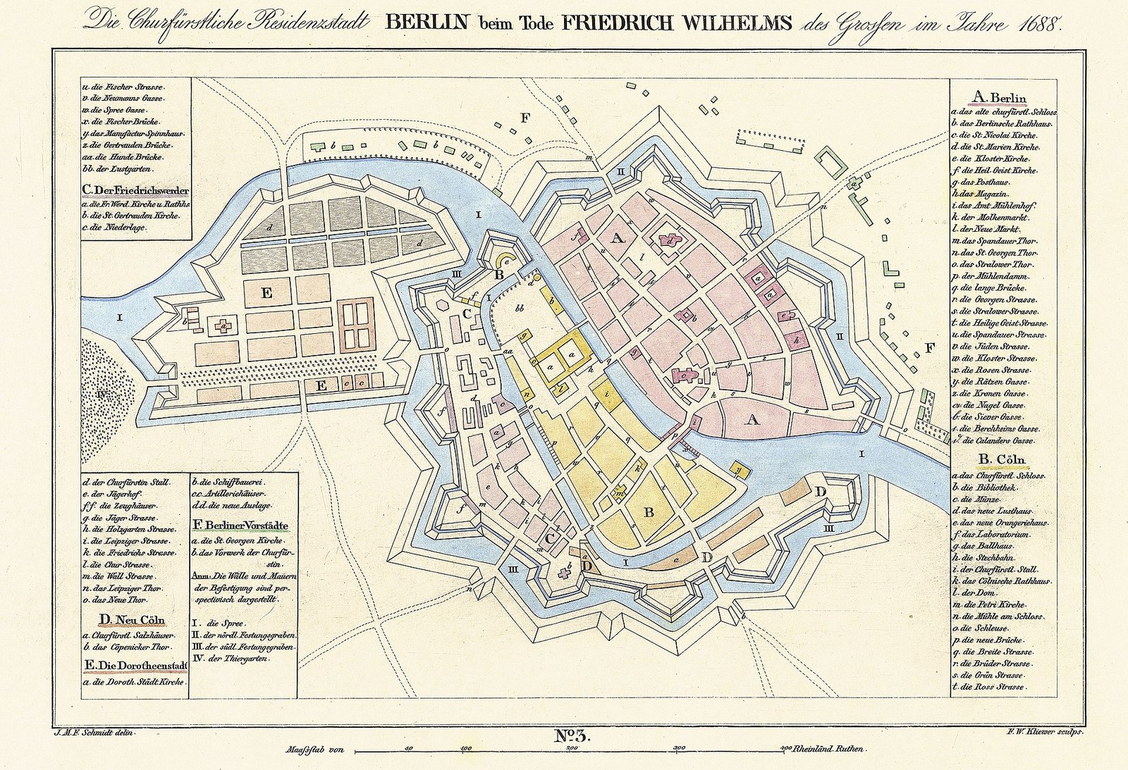 A map of Berlin showing the city as of 1688 at the time of the death of Friedrich Wilhelm I (the Great Elector) - Public Domain