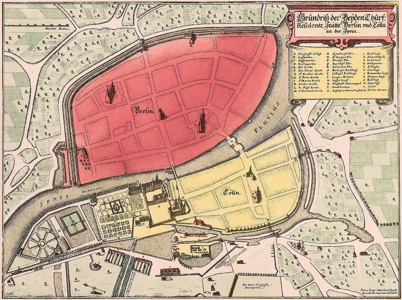 Memhard's sketch of the development of Berlin and Cölln in 1652 - Public Domain