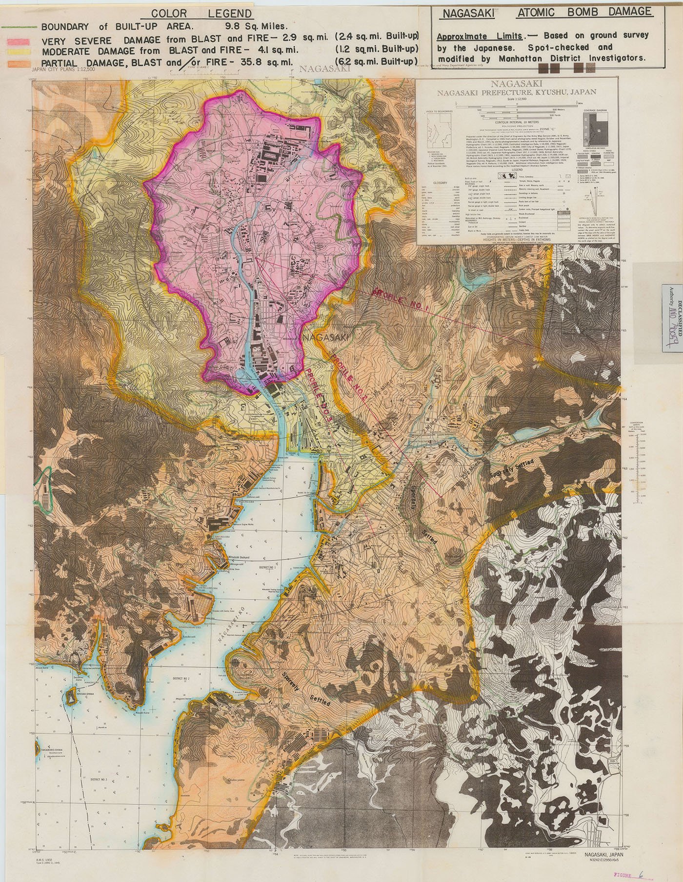 A map depicting gradations of atomic bomb damage to Nagasaki, Japan (1945) after the world's second atomic bomb was dropped - Public Domain