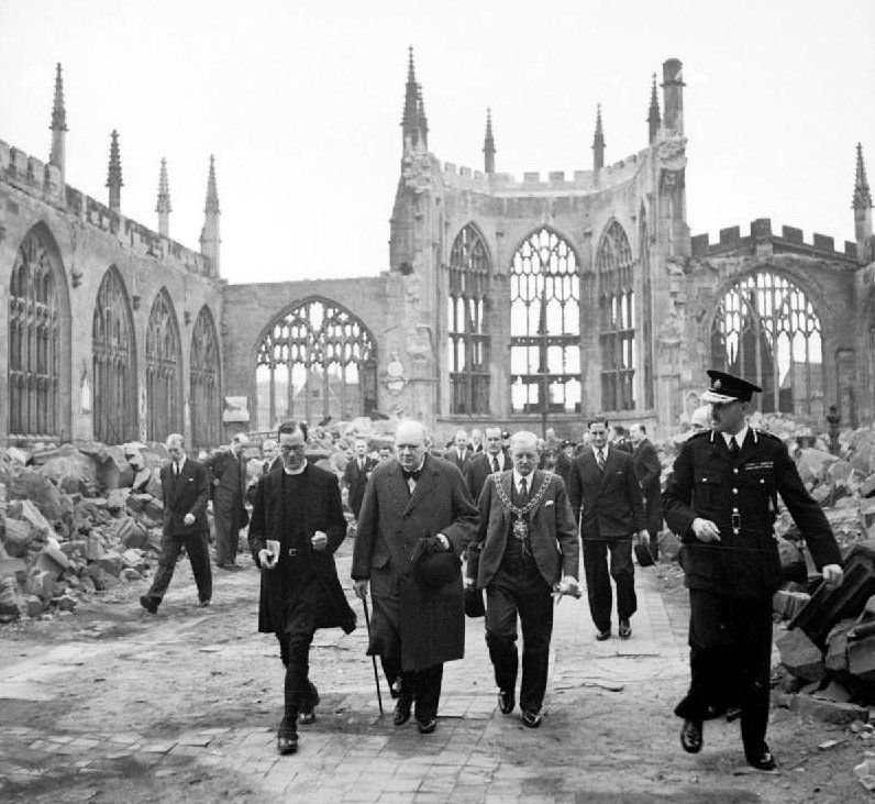 Winston Churchill surveys the damage in Coventry (1940) - Public Domain