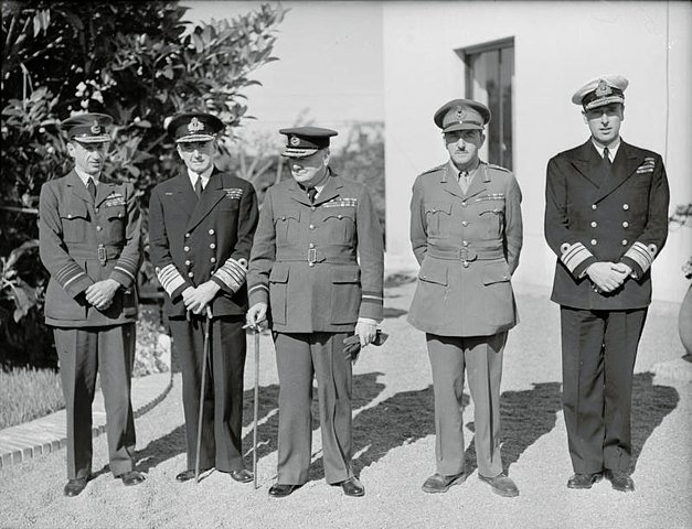 Winston Churchill in the uniform of the RAF with his Chiefs of Staff at the Casablanca Conference (1943) - Public Domain
