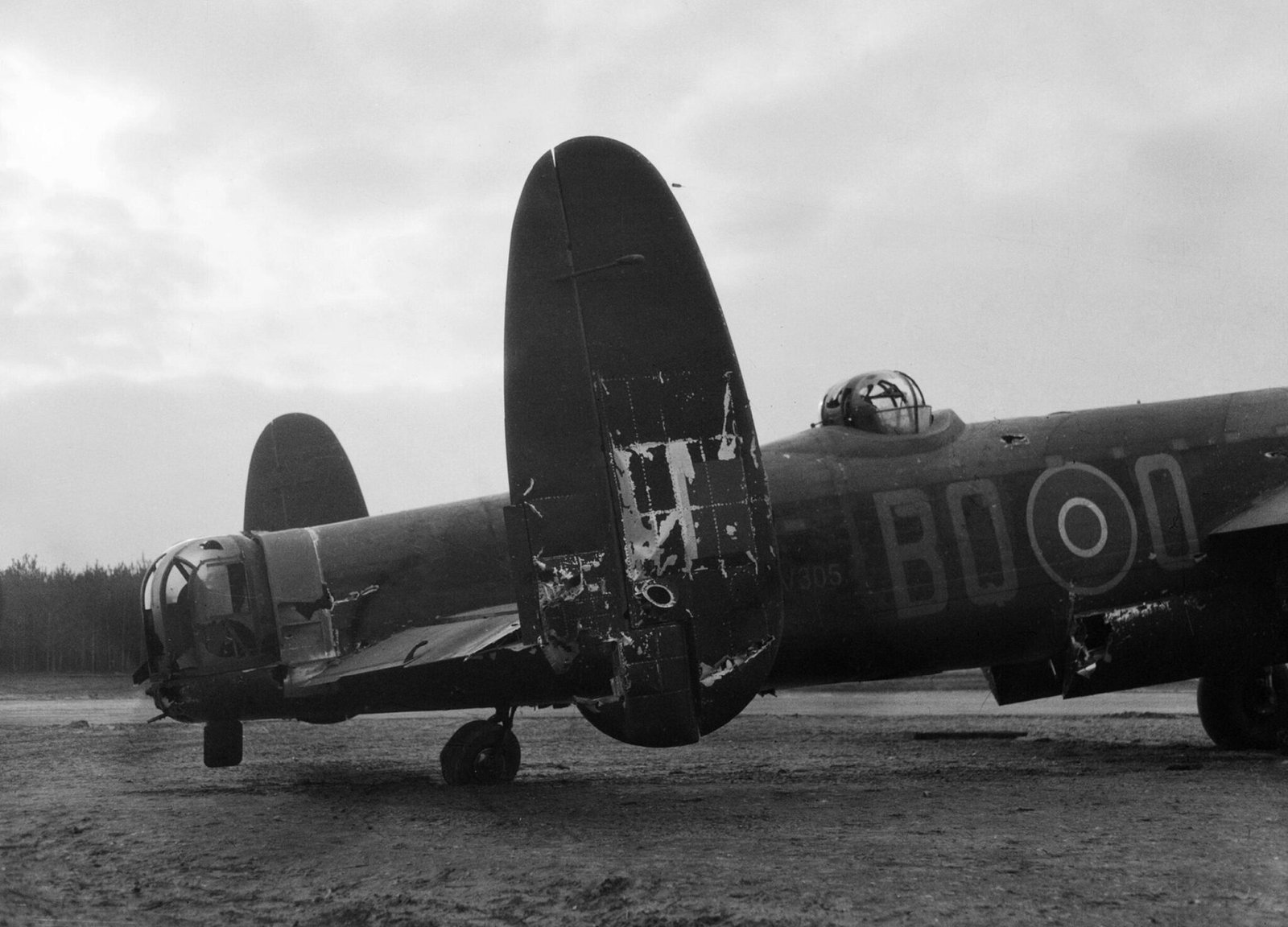 An RAF Lancaster Mk I bearing the scars of the night fighter interception over Berlin on January 30th 1944 - Public Domain