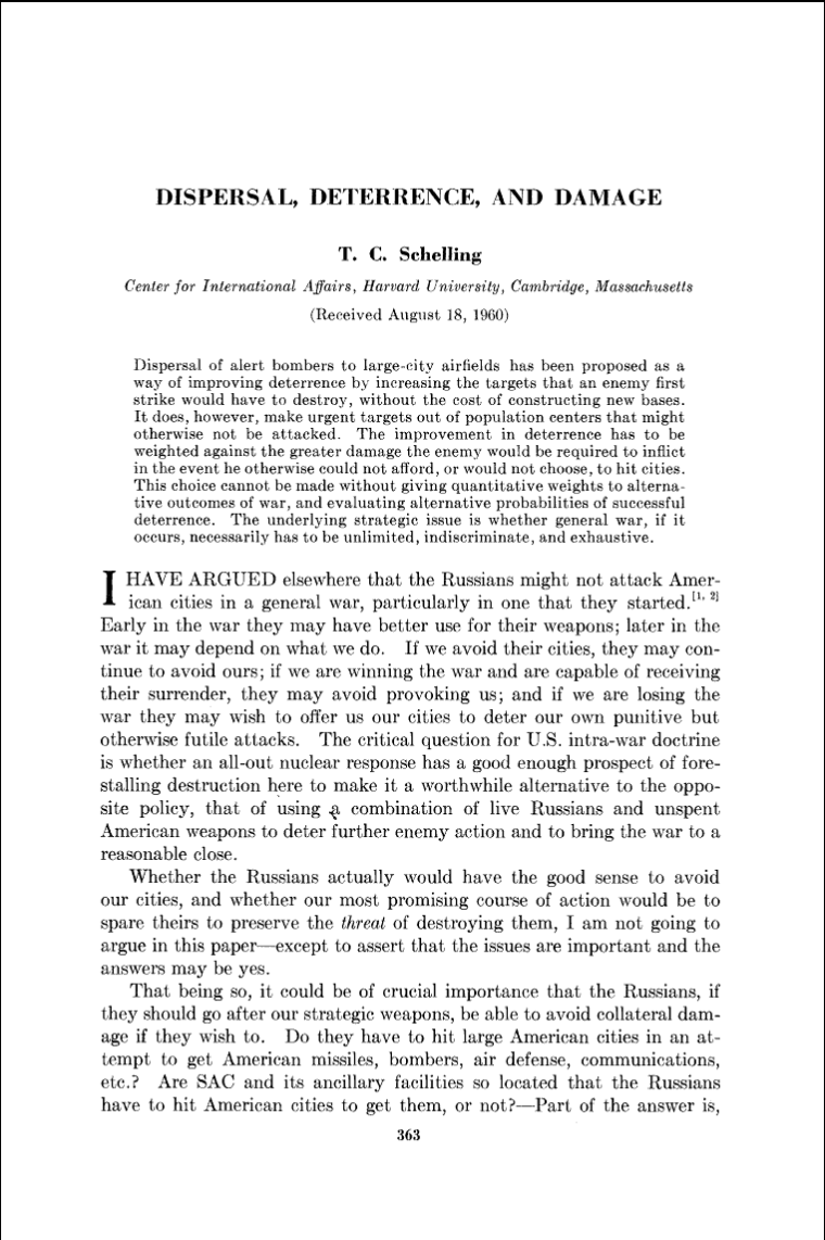 The first page of Thomas Schellings 1961 work 'Dispersal, Deterrence, and Damage' - Public Domain