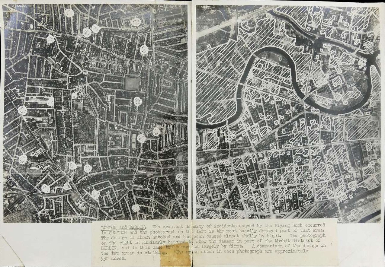 A side-by-side comparison of the damage to Croydon, London (left) and damage to the Berlin district of Moabit from aerial bombardment - Public Domain