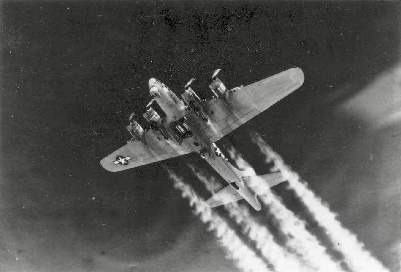 Boeing B-17G Flying Fortress of the 452nd Bomb Group with its bomb bay doors open over Berlin - Public Domain