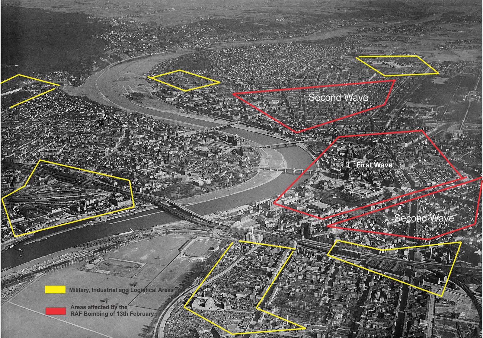 An outline of the damage inflicted on Dresden in February 1945 - Public Domain