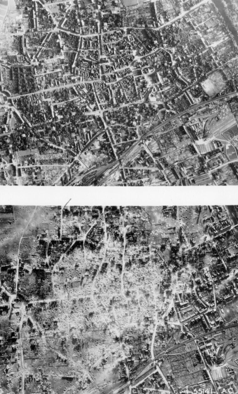 The German city of Duren - the last major population centre before the Rhine crossing - before and after RAF bombing (November 1944) - Public Domain