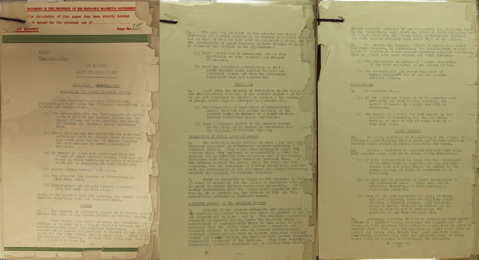 Report to Prime Minister Winston Churchill on the chances of ‘Operation Unthinkable’ – a surprise attack on the USSR (May 22nd 1945) - National Archives