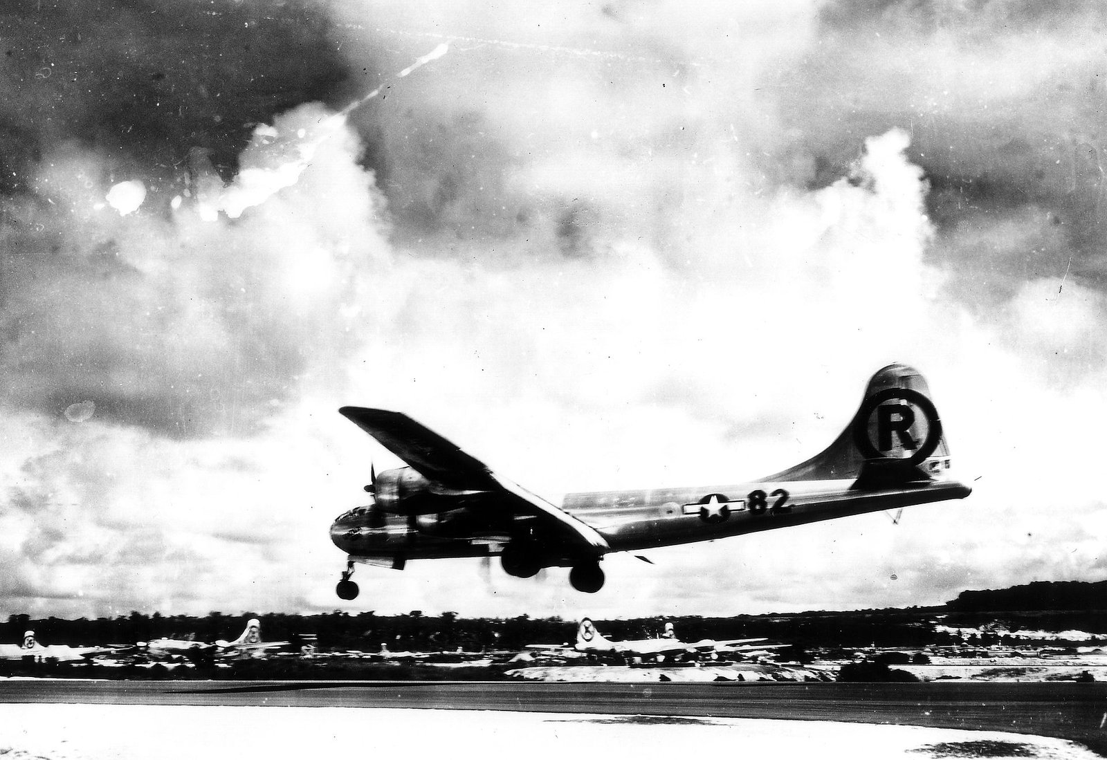 Enola Gay landing after dropping the atomic bomb Little Boy on Hiroshima (1945) - Public Domain