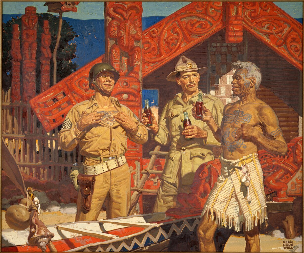 Dean Cornwell's "Have a "Coke" = Kia Ora" depicting Coca Cola being introduced to New Zealand by American servicement (1943) - Public Domain