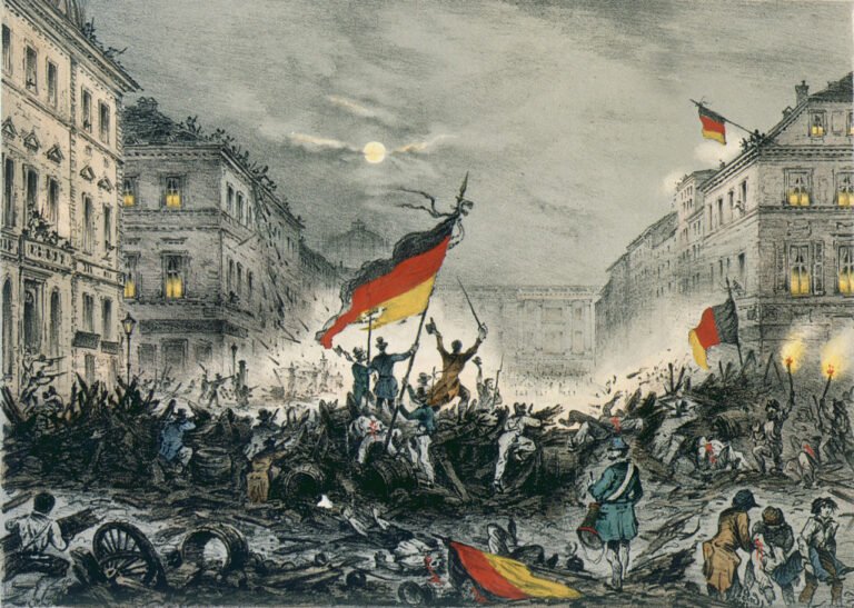 A street battle between revolutionaries and the royal military in the Breite Strasse Street, Berlin during the March 1848 revolution - Public Domain