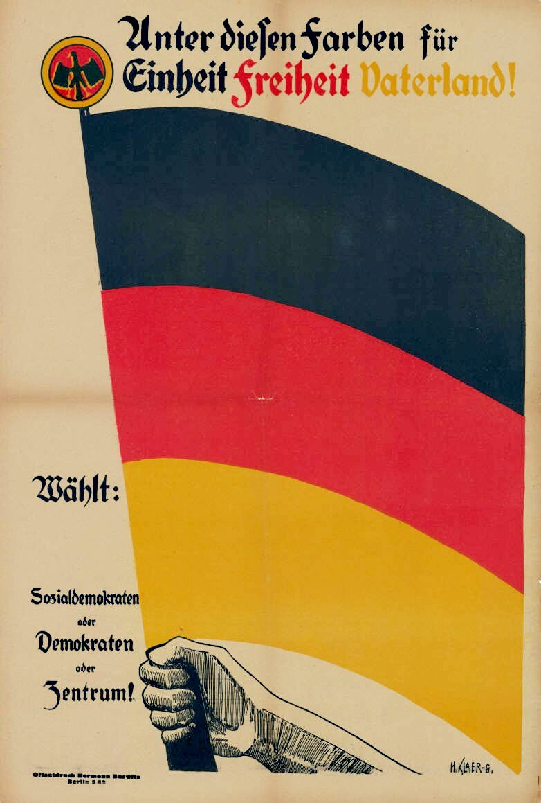 "Under these colours for Unity, Freedom, and the Fatherland" - campaign poster for the allied "Sozialdemokraten oder Demokraten oder Zentrum" (1923) - Public Domain