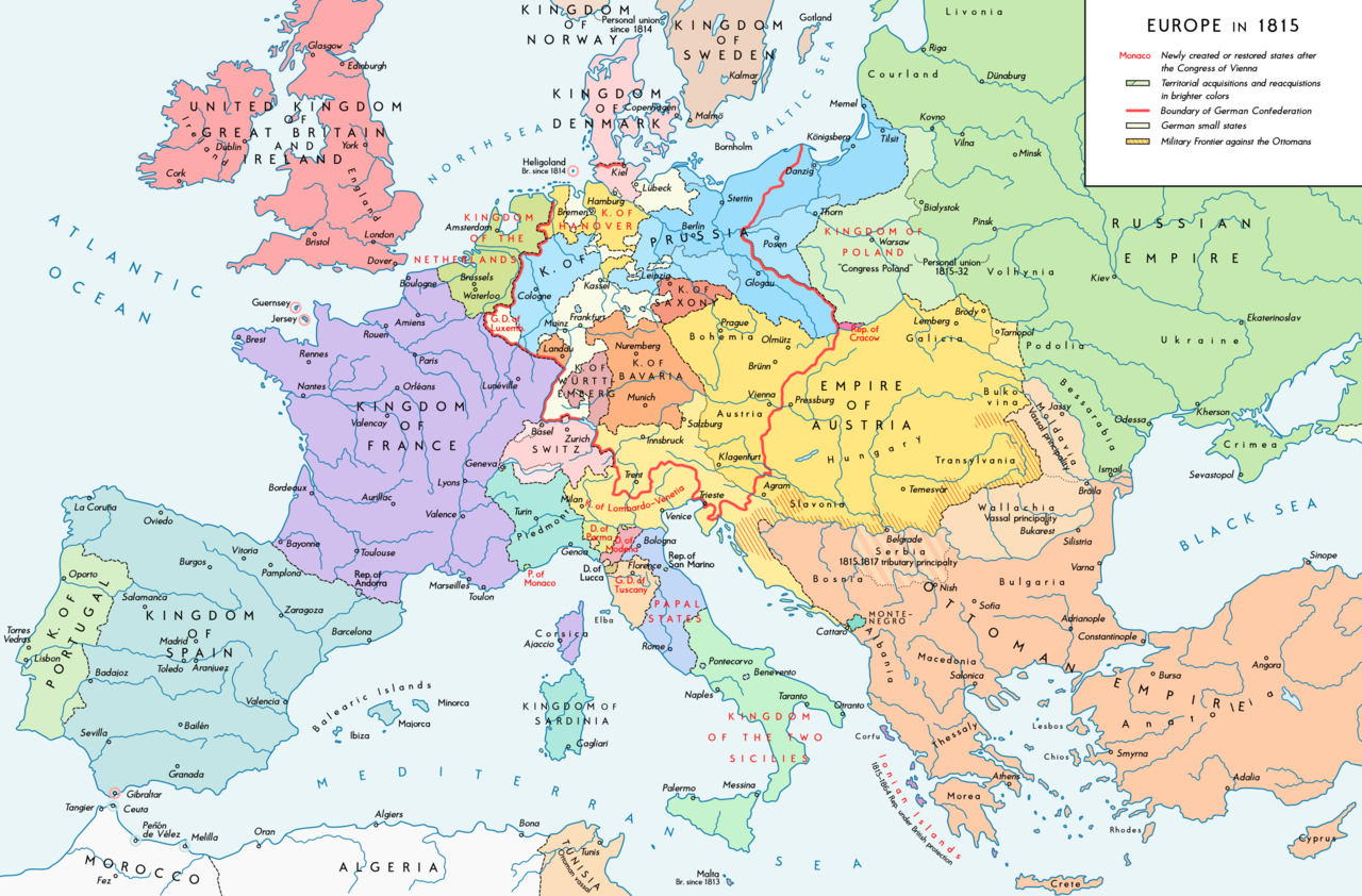 The national boundaries of Europe set following the Congress of Vienna - Public Domain
