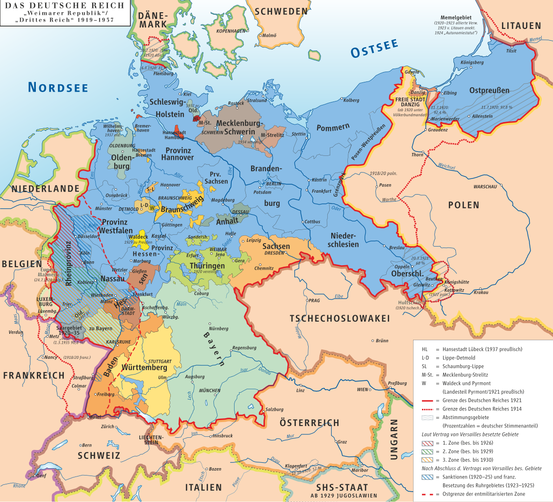The territory of the Weimar Republic (1919–1933) with the 'Third Reich' borders until 1937 visible - Public Domain